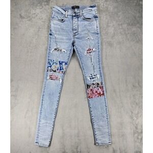 Amiri Blue Paisley Pajama Art Patch Jeans Light Vintage Blue Size 30 Skinny USA